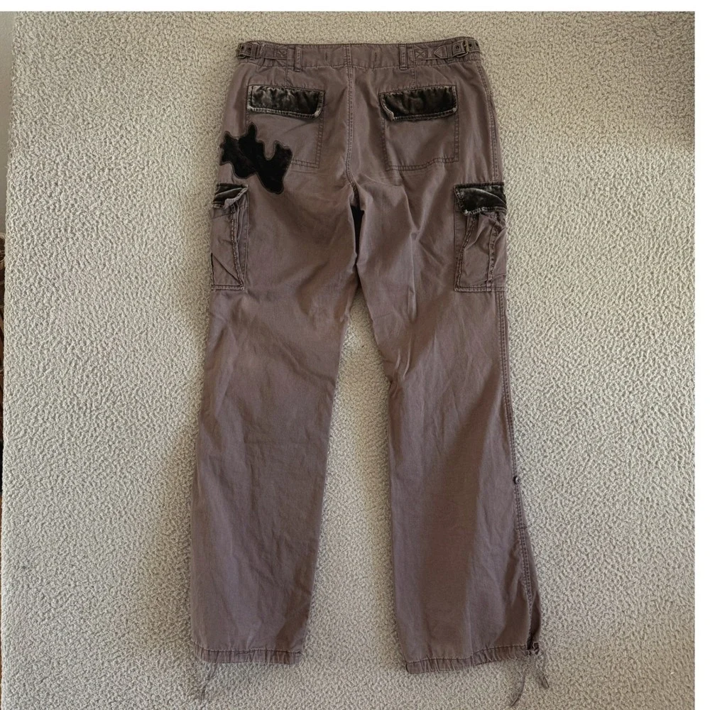 Express Vintage Y2K Cargo Pants sz 6 Velvet Patch Beaded Mauve Taupe Utility